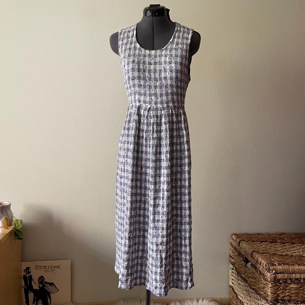 Vintage 80s 90s pastel blue gingham dainty floral midi maxi dress | size - Picture 6 of 9